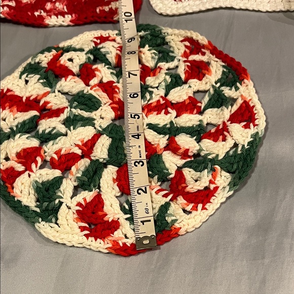 Handmade Red and White and Green Crochet Pot Holders Set of 5 Five Knit Kitchen - Picture 2 of 7